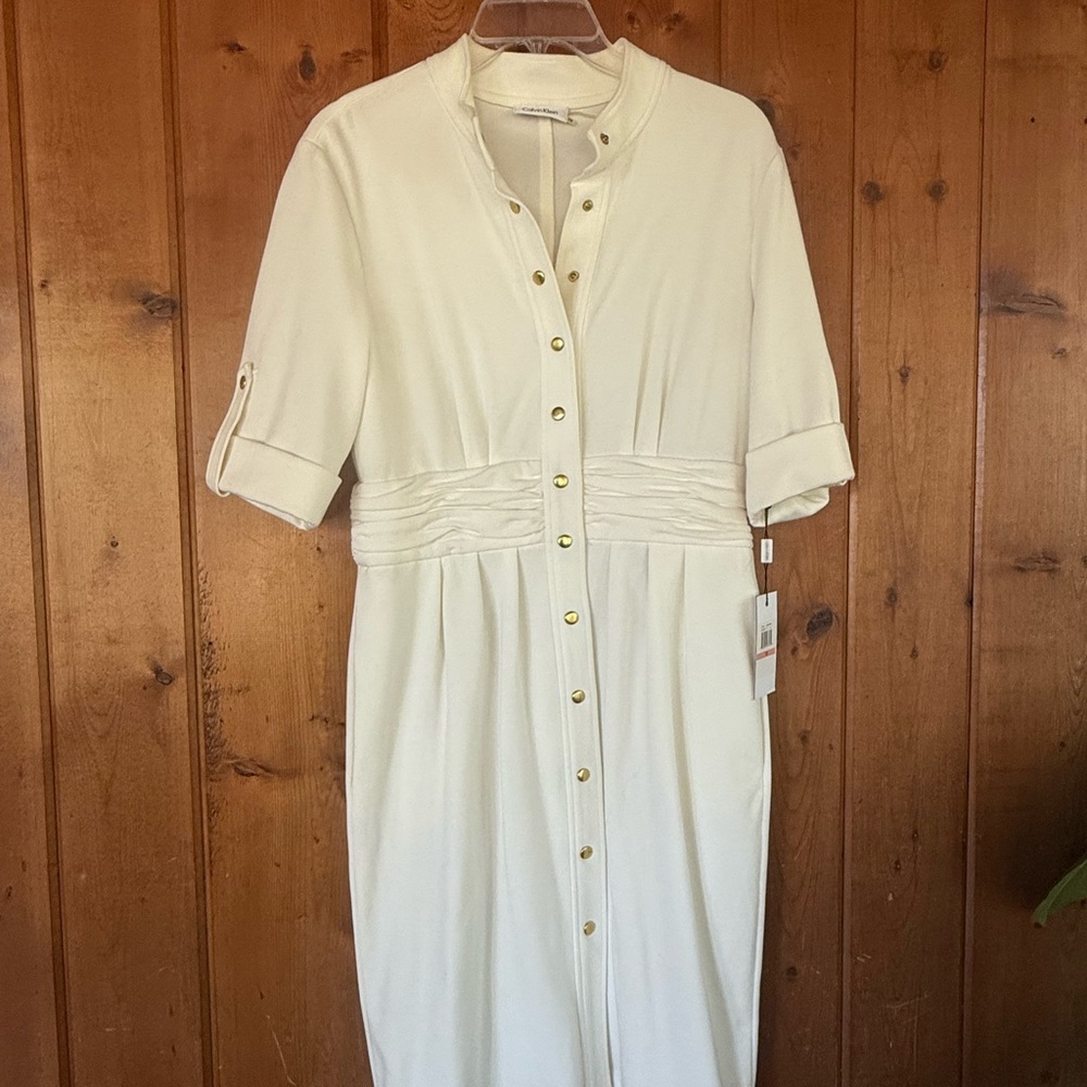 Calvin Klein NWT 3/4 sleeve Button Down Ponte Knit Cream Dress